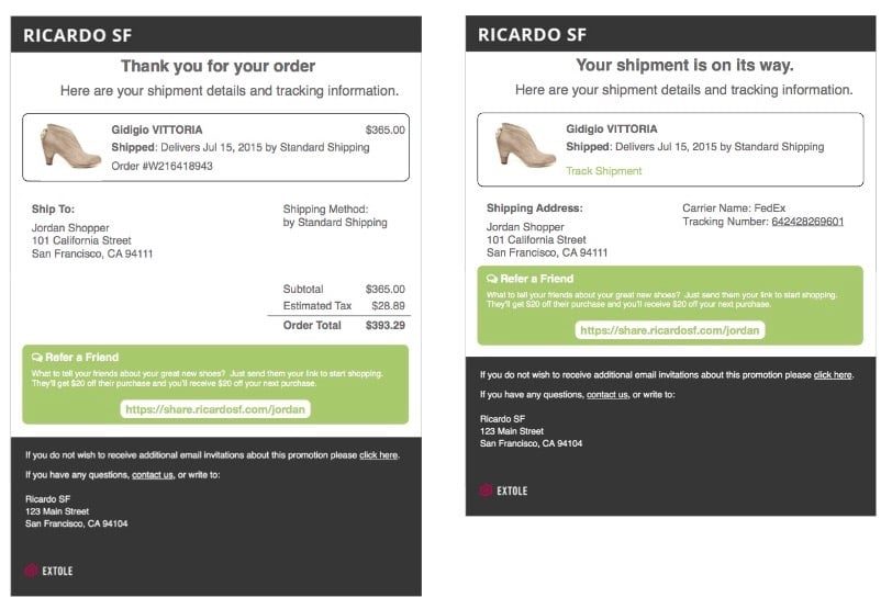 Examples of referral in order status emails