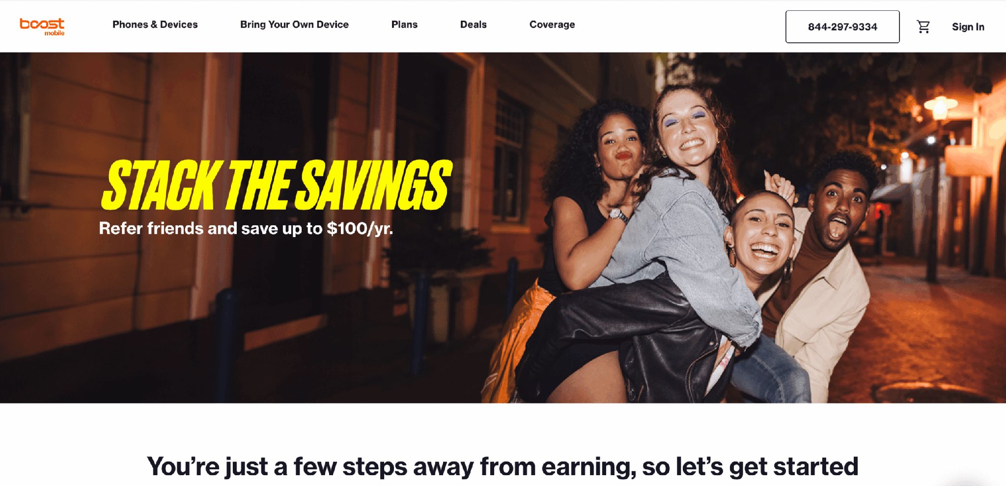 Boost Mobile referral program webpage promoting ‘Stack the Savings’ offer — refer friends and save up to $100 per year on wireless plans.