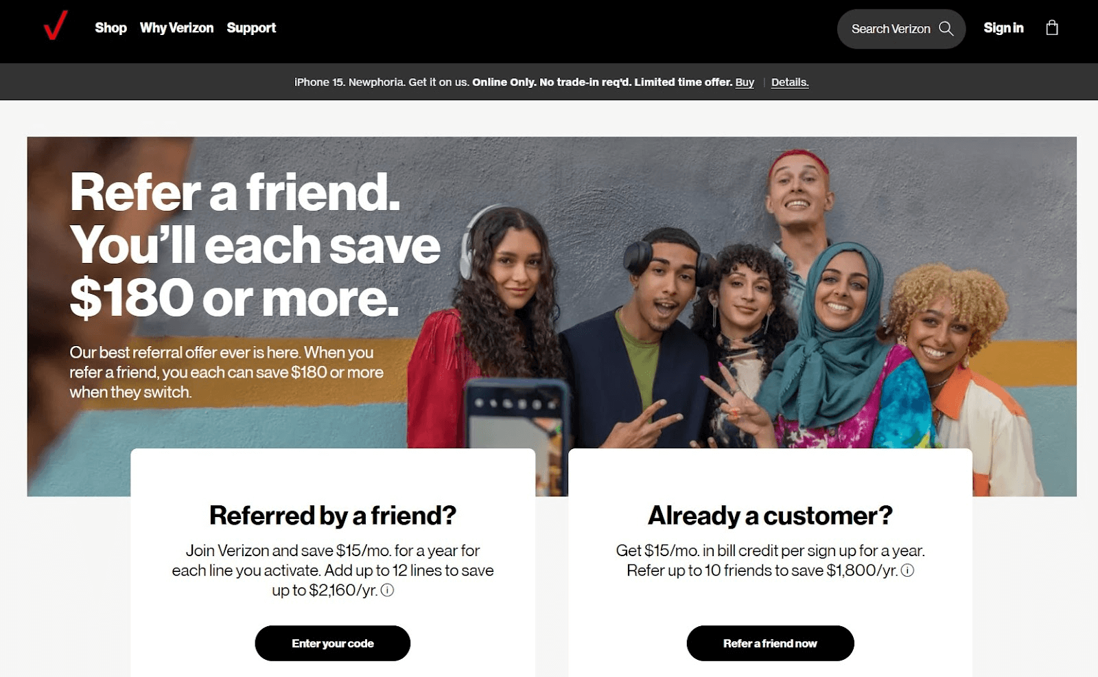 Verizon referral program webpage offering $180 savings for referring friends — example of a telecom referral program where customers earn monthly bill credits for each new line activated.