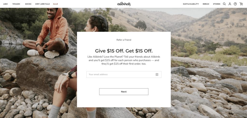 Allbirds: Ecommerce referral program example of an offer that is simple, easy to share, and drives customer acquisition.