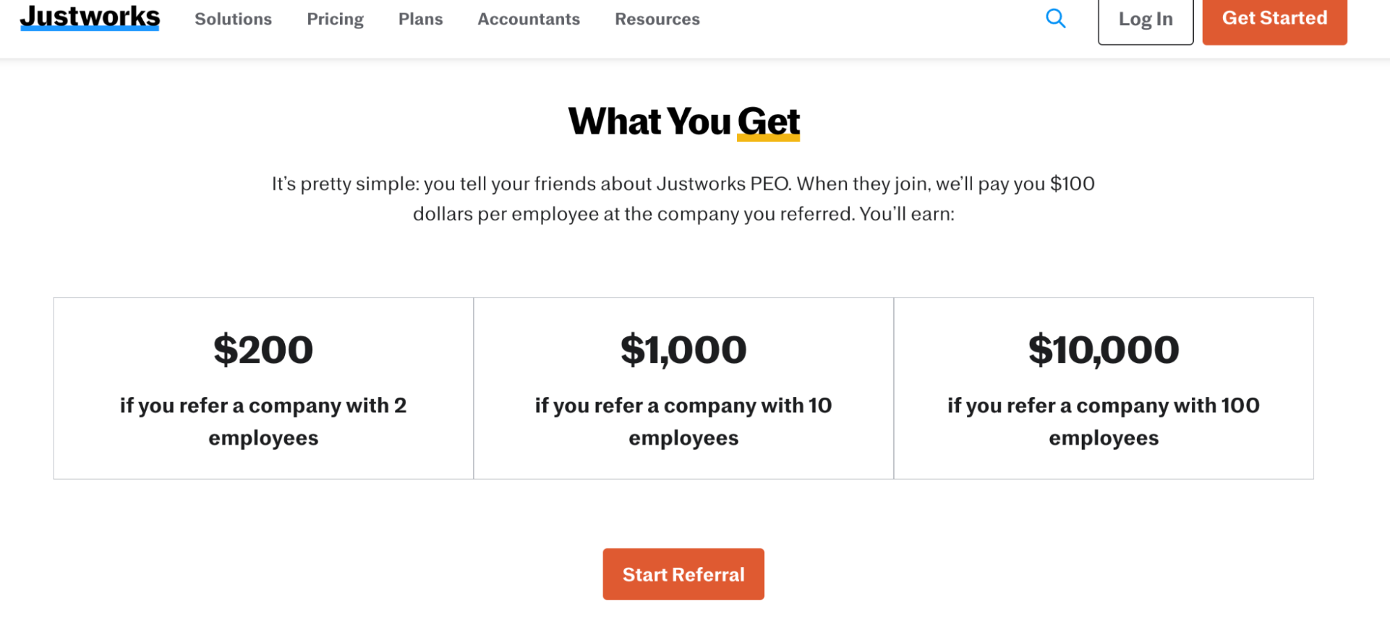 Justworks referral program webpage with headline 'What You Get.' Text explains: refer a company to Justworks PEO and earn $100 per employee. Reward examples shown: $200 for referring a company with 2 employees, $1,000 for a company with 10 employees, $10,000 for a company with 100 employees. Orange 'Start Referral' button at bottom.