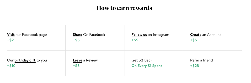 Brooklinen rewards program chart titled 'How to earn rewards.' Customers can earn credits by visiting Facebook (+$2), sharing on Facebook (+$5), following on Instagram (+$5), creating an account (+$5), receiving a $10 birthday gift, leaving a review (+$5), getting 5% back on purchases, and referring a friend (+$25).