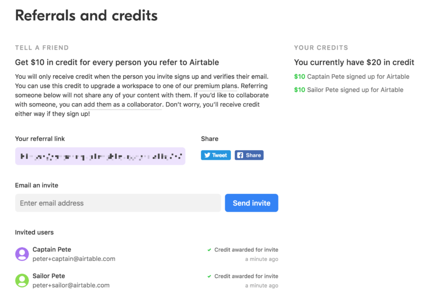 Airtable referral program dashboard. Header: 'Get $10 in credit for every person you refer to Airtable.' Shows referral link, social share buttons, and email invite field. Section on the right displays 'Your Credits' with $20 earned from Captain Pete and Sailor Pete signing up. Invited users list shows referral status and credit awarded.