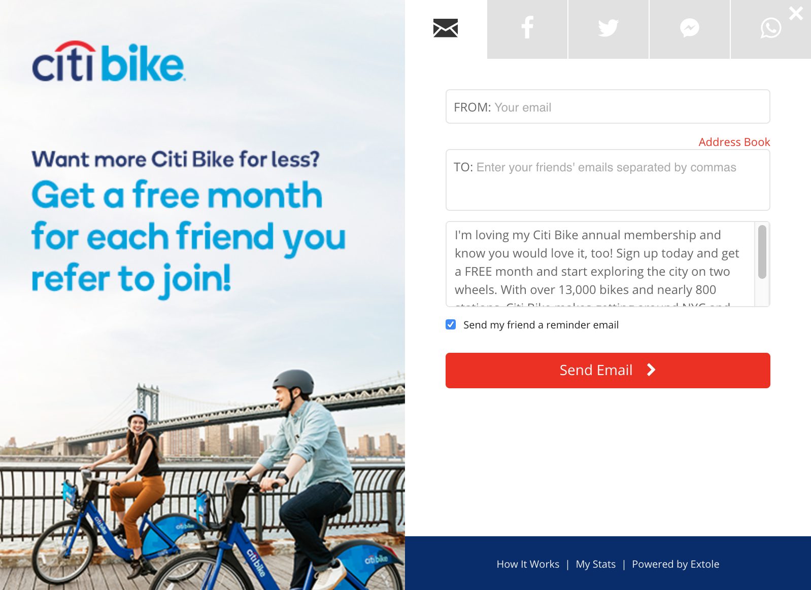Citi Bike referral program page. Text reads: 'Want more Citi Bike for less? Get a free month for each friend you refer to join!' Image shows two riders on Citi Bikes near the Manhattan Bridge. On the right, a form allows users to enter their email and friends' emails to send an invite. Red button reads 'Send Email.'