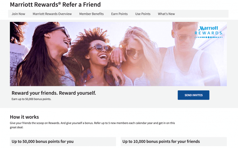 Marriott Rewards Refer a Friend program webpage. Banner shows a group of smiling friends outdoors. Text promotes earning up to 50,000 bonus points for referrals and giving up to 10,000 bonus points to friends. Blue button reads 'Send Invites.' Details explain members can refer up to 5 friends each calendar year.