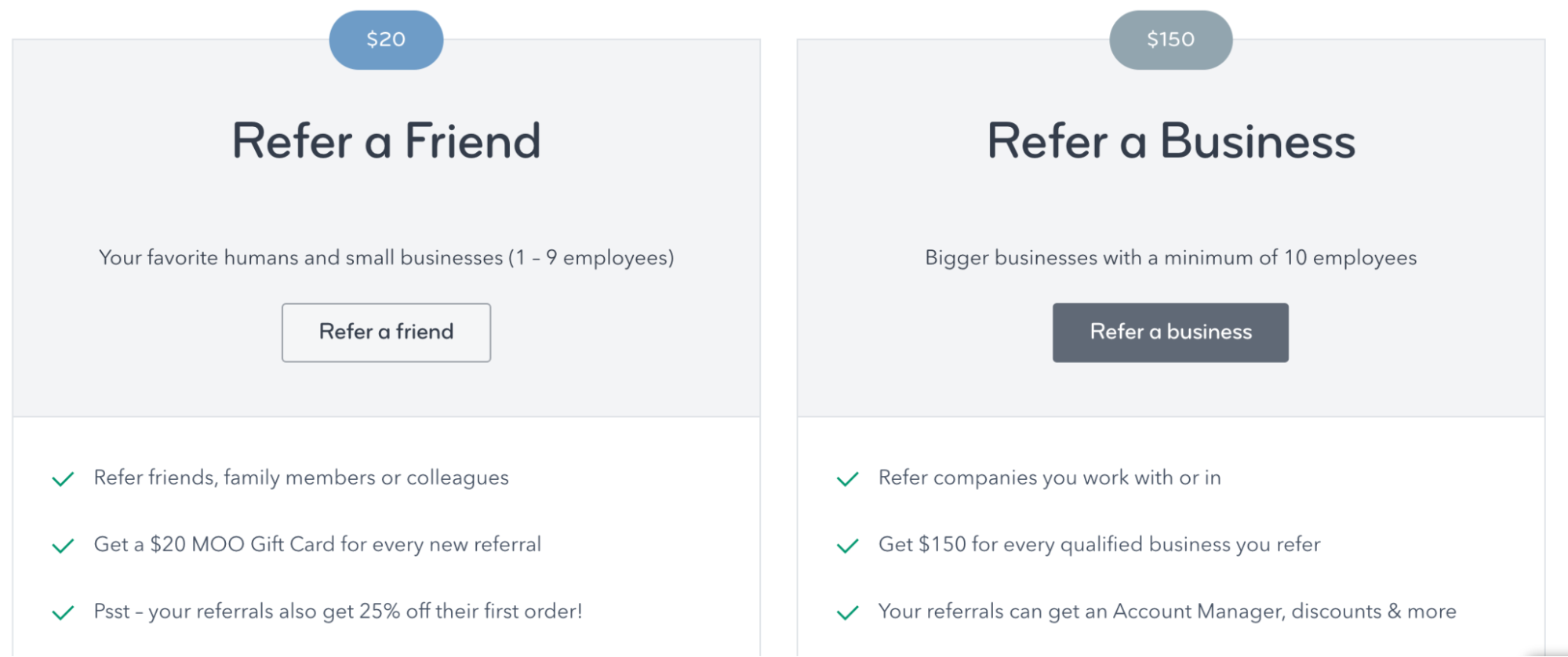 MOO referral program page offering two options: Refer a Friend for $20 or Refer a Business for $150. The 'Refer a Friend' option applies to individuals or small businesses (1–9 employees) and rewards a $20 MOO Gift Card for each referral, while the referral also gets 25% off their first order. The 'Refer a Business' option applies to companies with 10+ employees, rewarding $150 for each qualified referral, with additional benefits like account management and discounts.