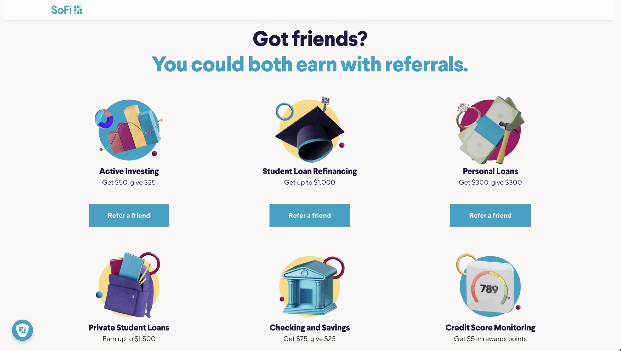 Sofi finserv referral program rewards users for successful referrals based on the products they engage with.