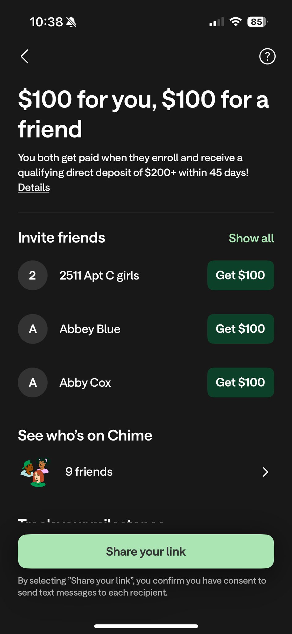 Chime's finserv referral program gives users a high-value reward in exchange for sharing with friends.