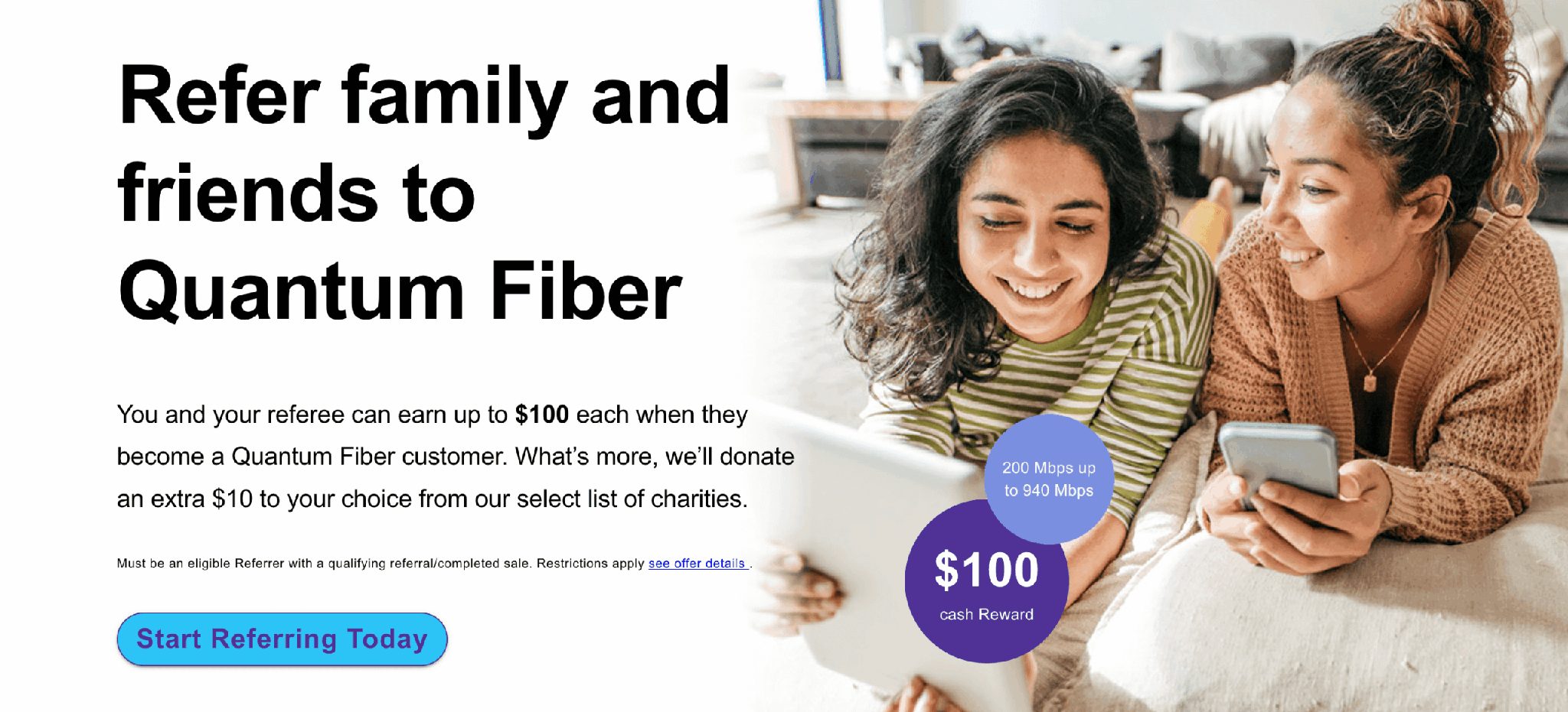 Quantum fiber telecom referral program with a reward for subscribers who refer a friend.