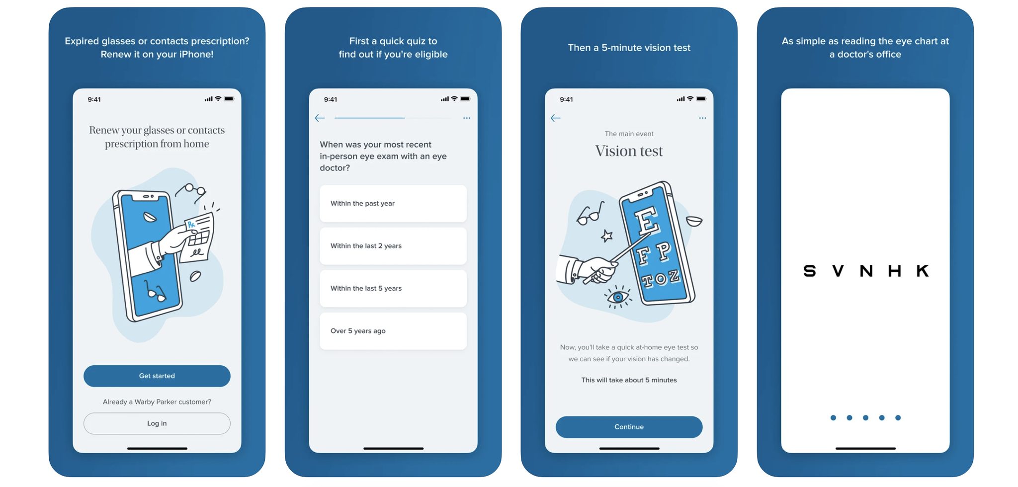 Screenshots of Warby Parker’s iPhone app showing how to renew an expired glasses or contacts prescription. Steps include starting from home, answering a short eligibility quiz about last eye exam, completing a 5-minute vision test, and reading an eye chart on the phone screen.