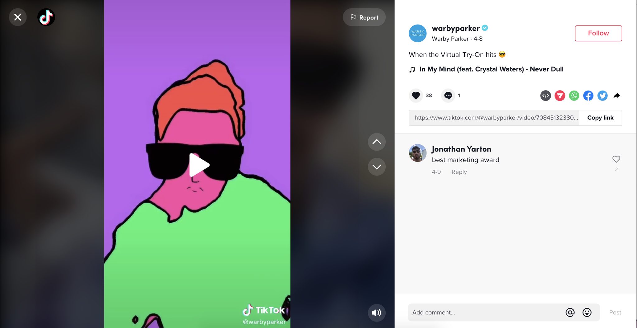 Screenshot of a Warby Parker TikTok post. The video shows a brightly colored animated figure with pink skin, orange hair, black sunglasses, and a green shirt against a purple background. Caption reads ‘When the Virtual Try-On hits 😎’ with music ‘In My Mind (feat. Crystal Waters) – Never Dull.’ The TikTok interface shows 38 likes, 1 comment, and sharing options.