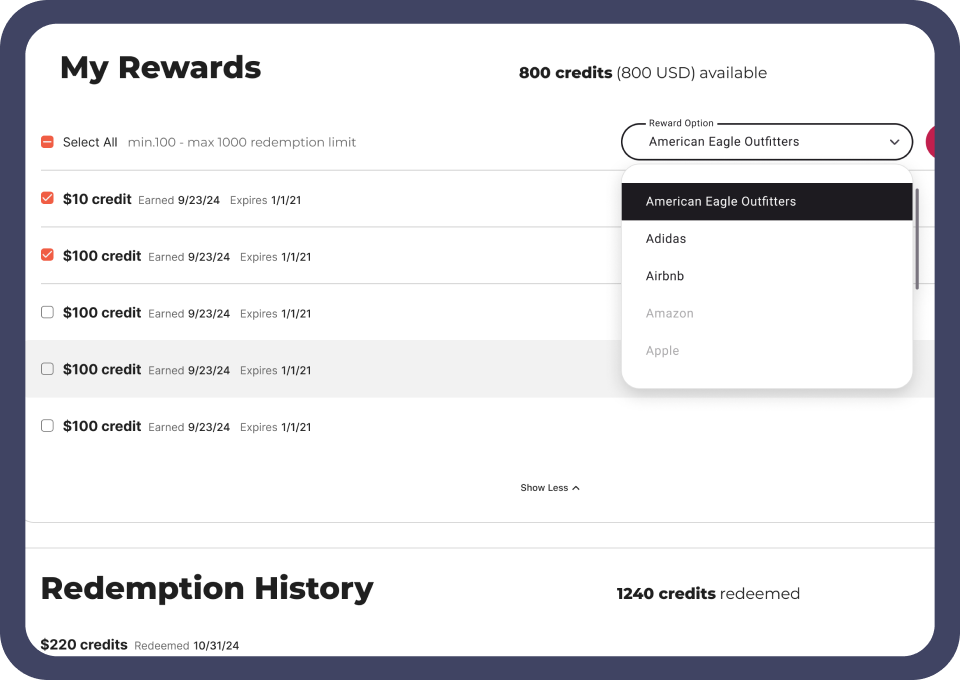 Extole Referral Software Platform Reward Bank Screen