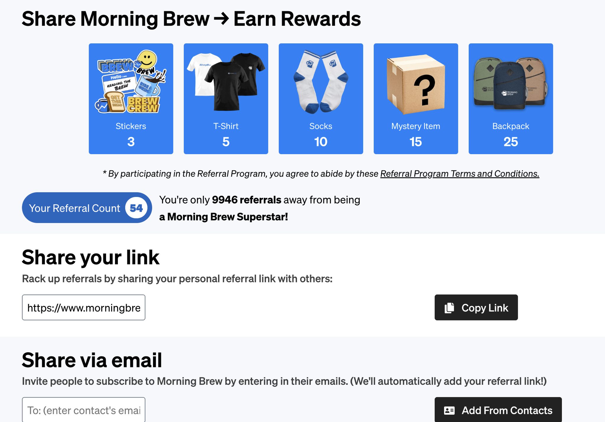 Referral landing page examples - Morning Brew referral program.