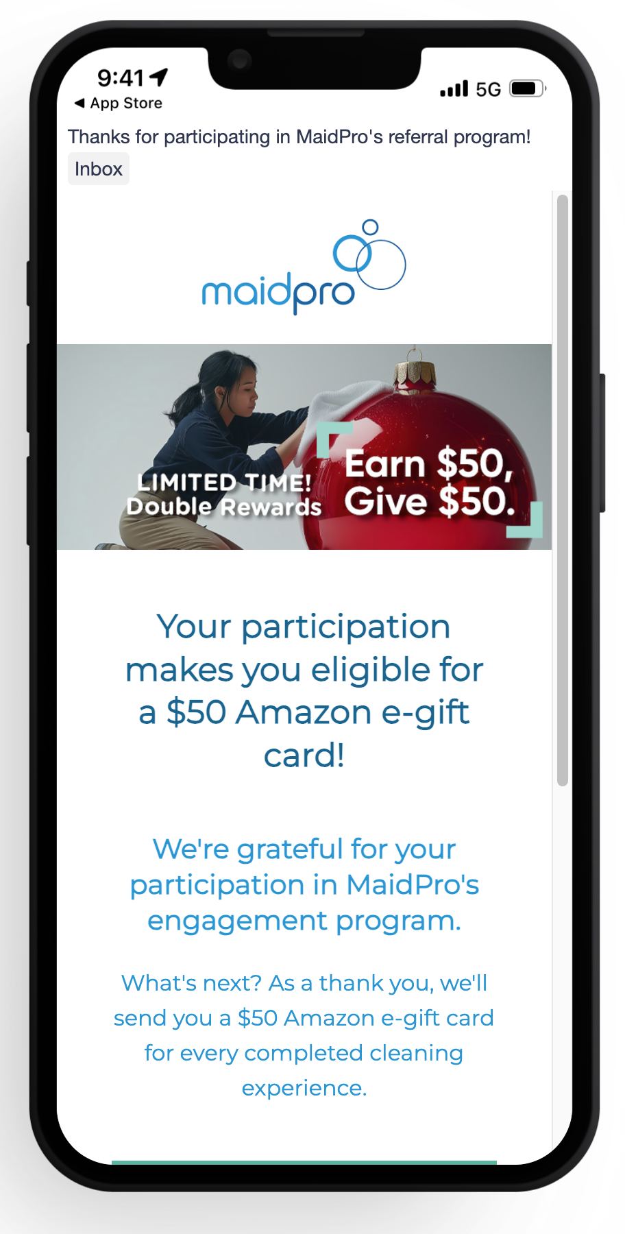 Referral program ideas: MaidPro reward burst with limited time $50 reward offered to customers.