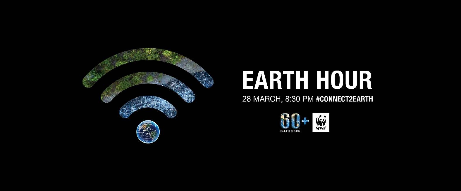 Earth Hour banner with a stylized Earth as a Wi‑Fi-like symbol on the left and bold 'EARTH HOUR' on the right, showing '28 MARCH, 8:30 PM' and '#CONNECT2EARTH' with logos nearby.