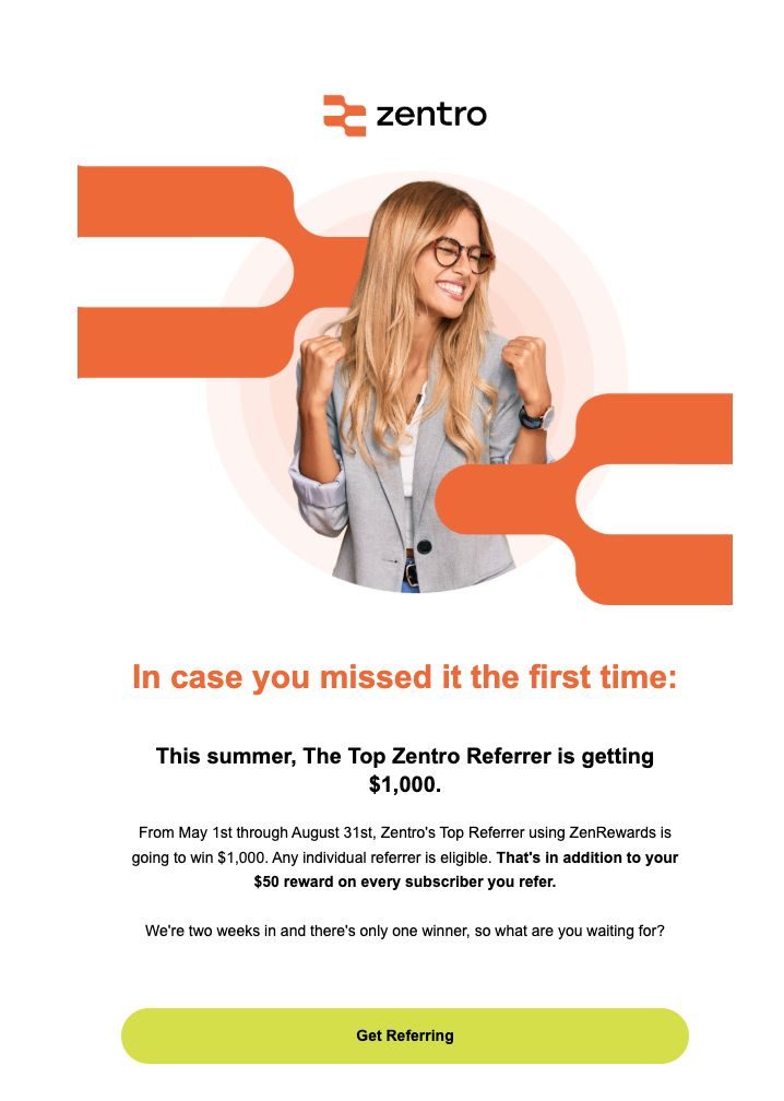 Zentro referral program example featuring a promotional graphic announcing a summer contest where the top referrer wins $1,000, in addition to earning $50 for every subscriber referred.