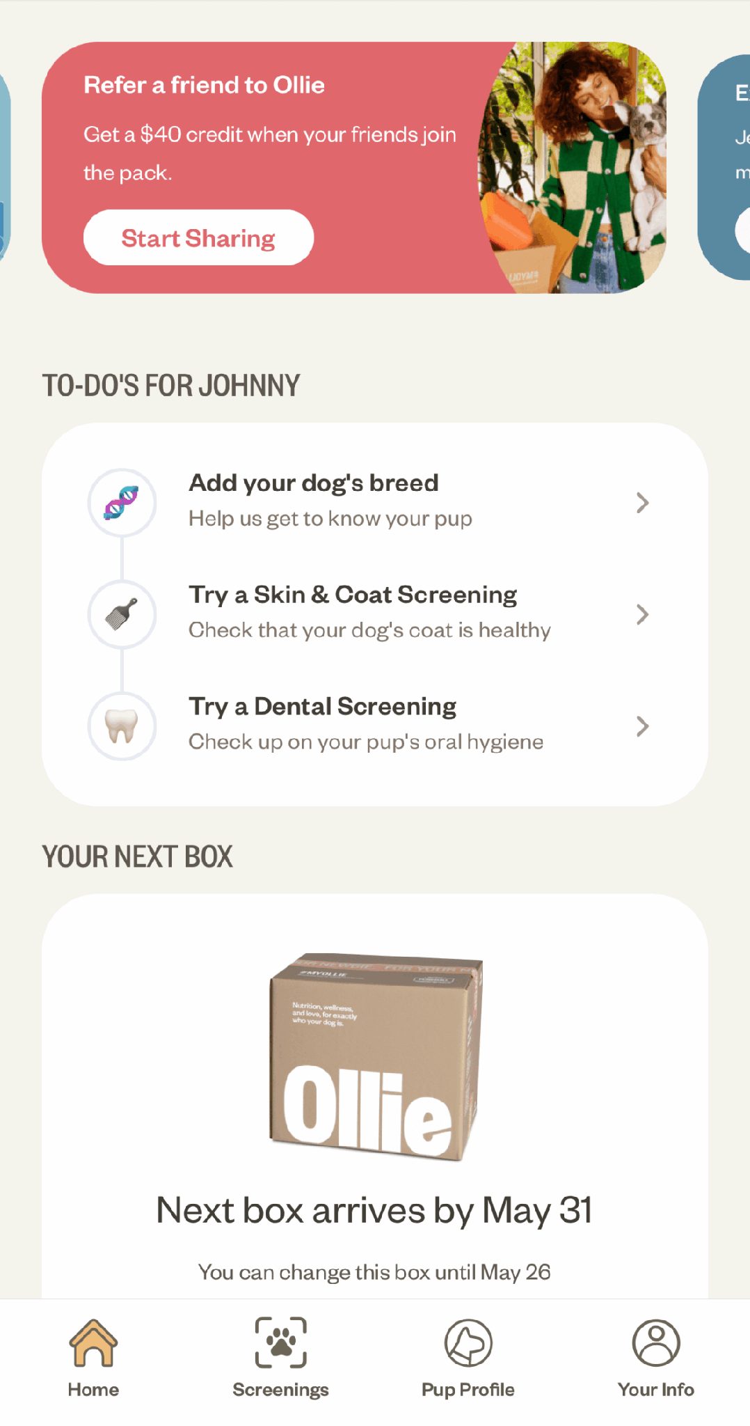 Mobile dashboard view of Ollie's referral program example, showing a $40 credit incentive for users who refer friends to join the subscription pet food service