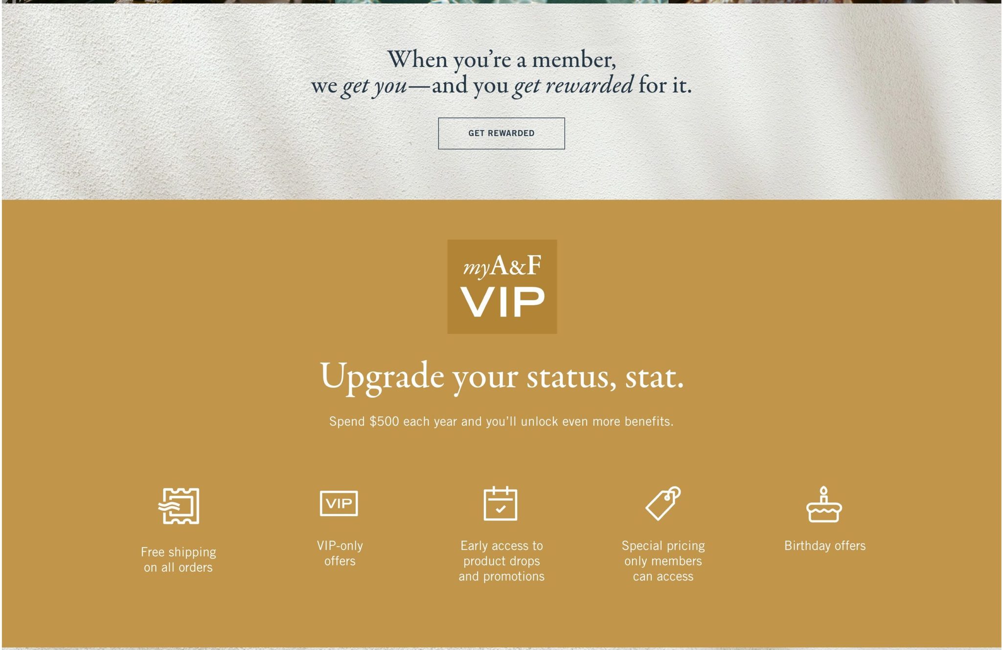 Abercrombie myA&F VIP rewards program example highlighting member perks such as free shipping, VIP-only offers, early product access, special pricing, and birthday rewards for customers who spend $500 annually.