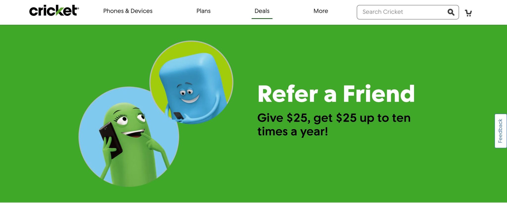 Cricket Wireless marketing banner used as a referral program example, featuring animated characters and messaging that customers can give $25 and get $25 for referring friends up to ten times annually.