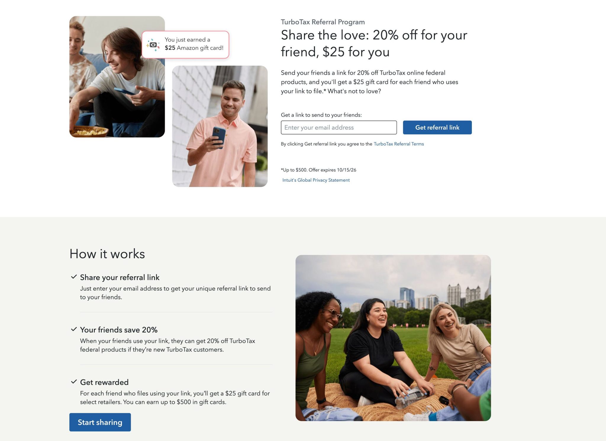 TurboTax referral program example displaying images of friends alongside messaging that offers 20% off for referred customers and a $25 gift card reward for the referrer.