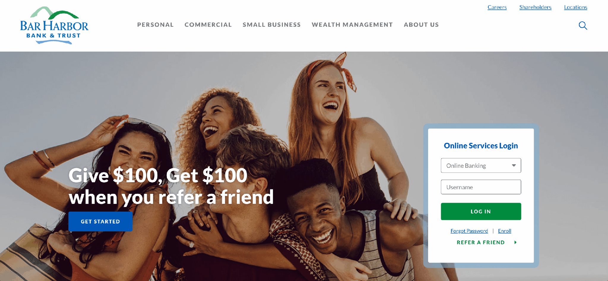 Bar Harbor Bank & Trust referral program example showing a group of friends smiling with messaging that offers customers and their referred friends $100 each for opening an account.