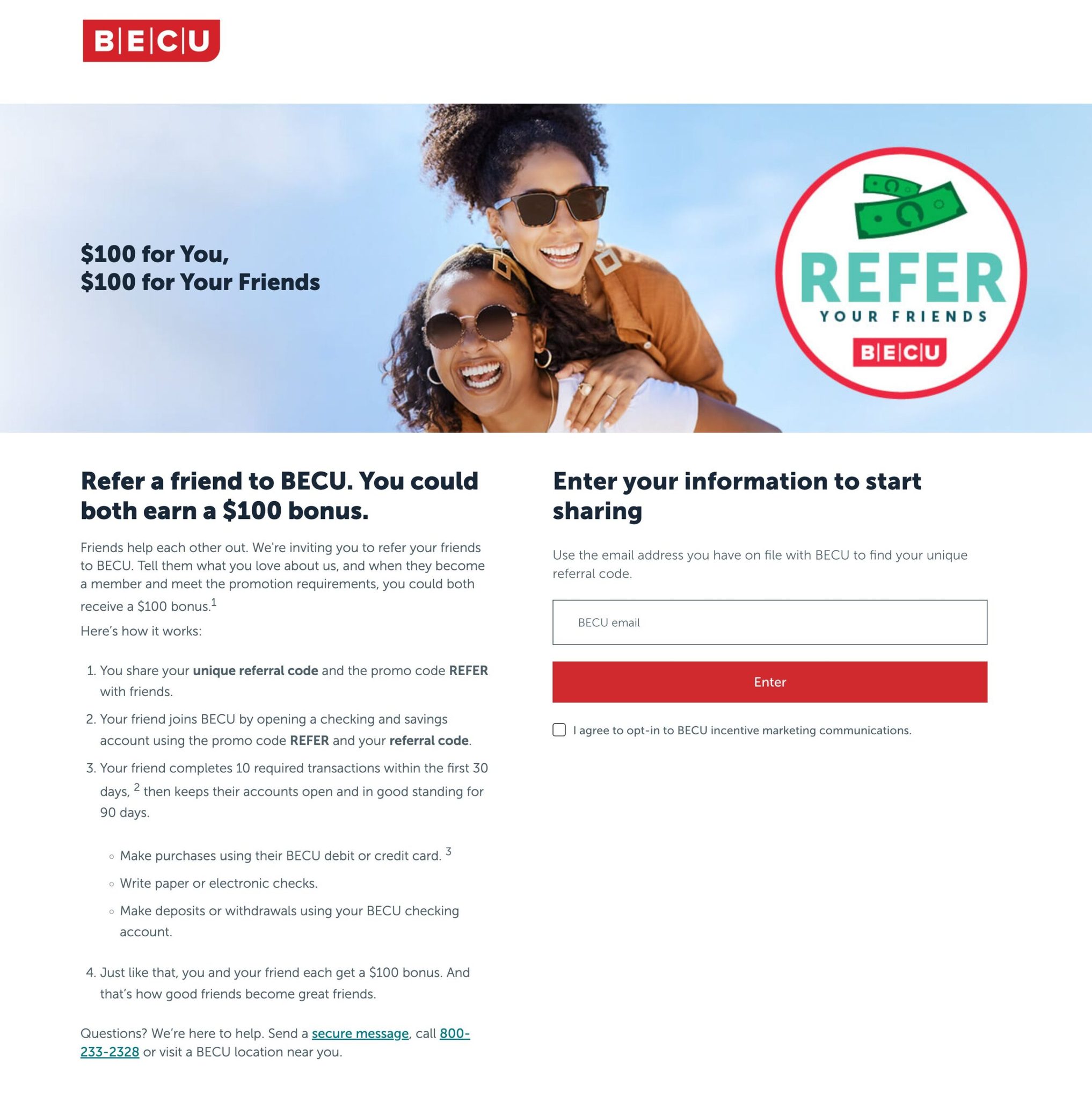 BECU referral program example displaying a banner with smiling friends and details about earning a $100 bonus for both the referrer and the friend when the friend opens accounts, completes qualifying transactions, and meets promotional requirements.