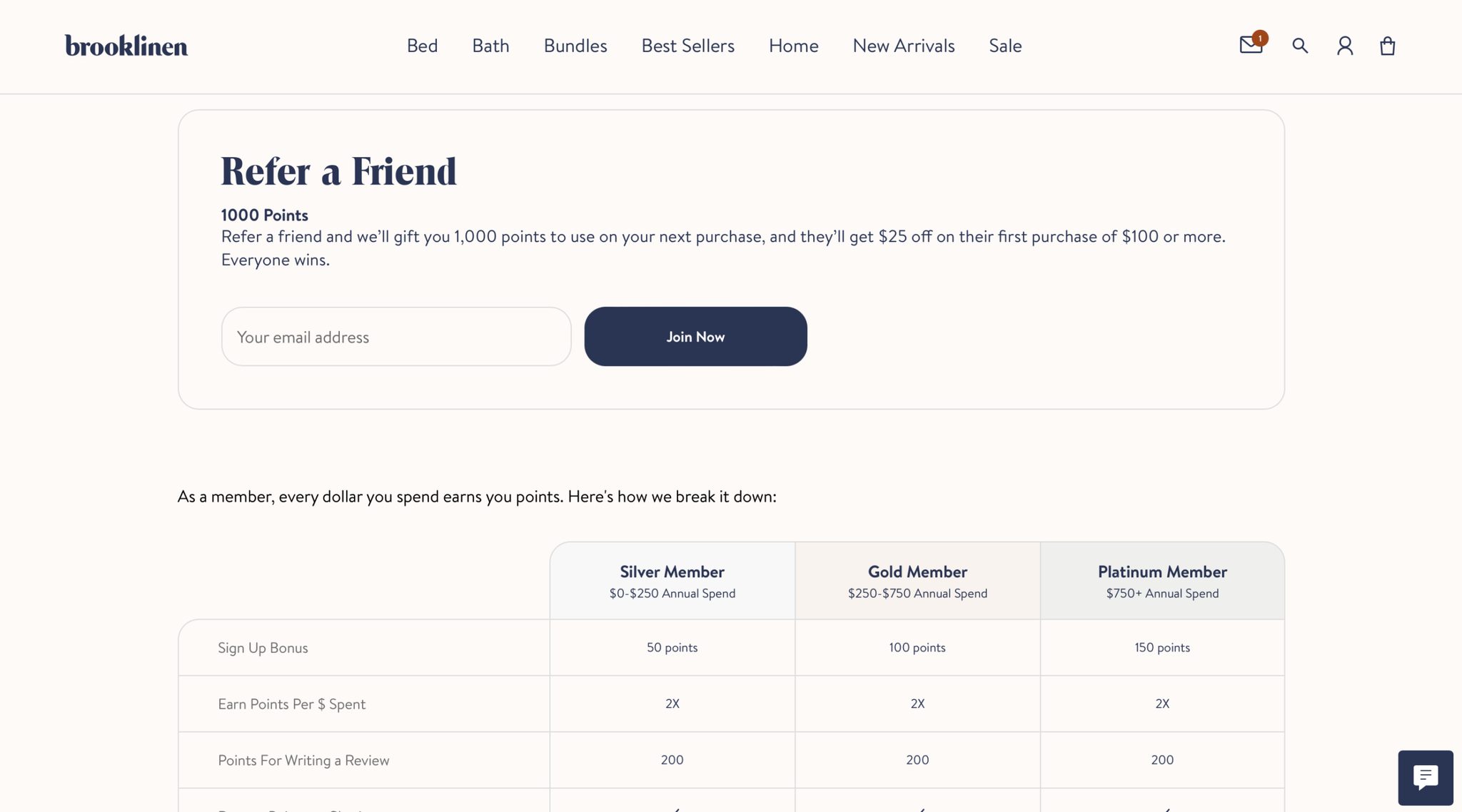 Brooklinen ecommerce loyalty program example: tiered loyalty program.