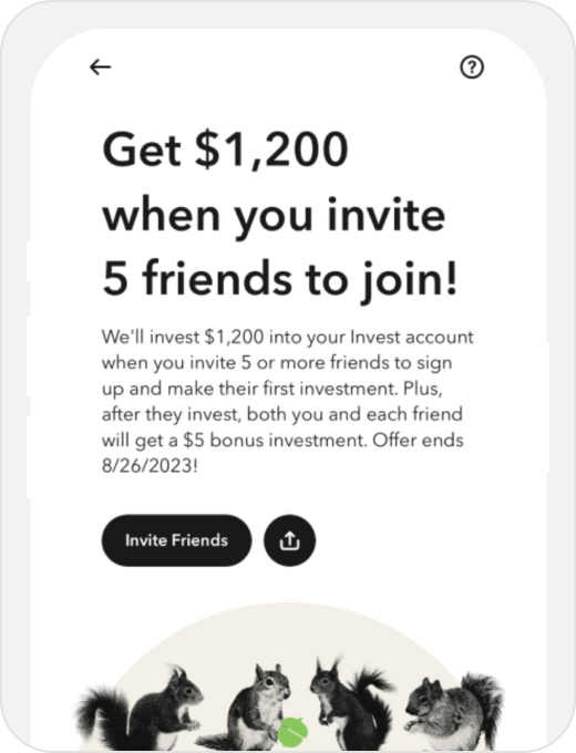 Mobile screen offering $1,200 when you invite 5 friends