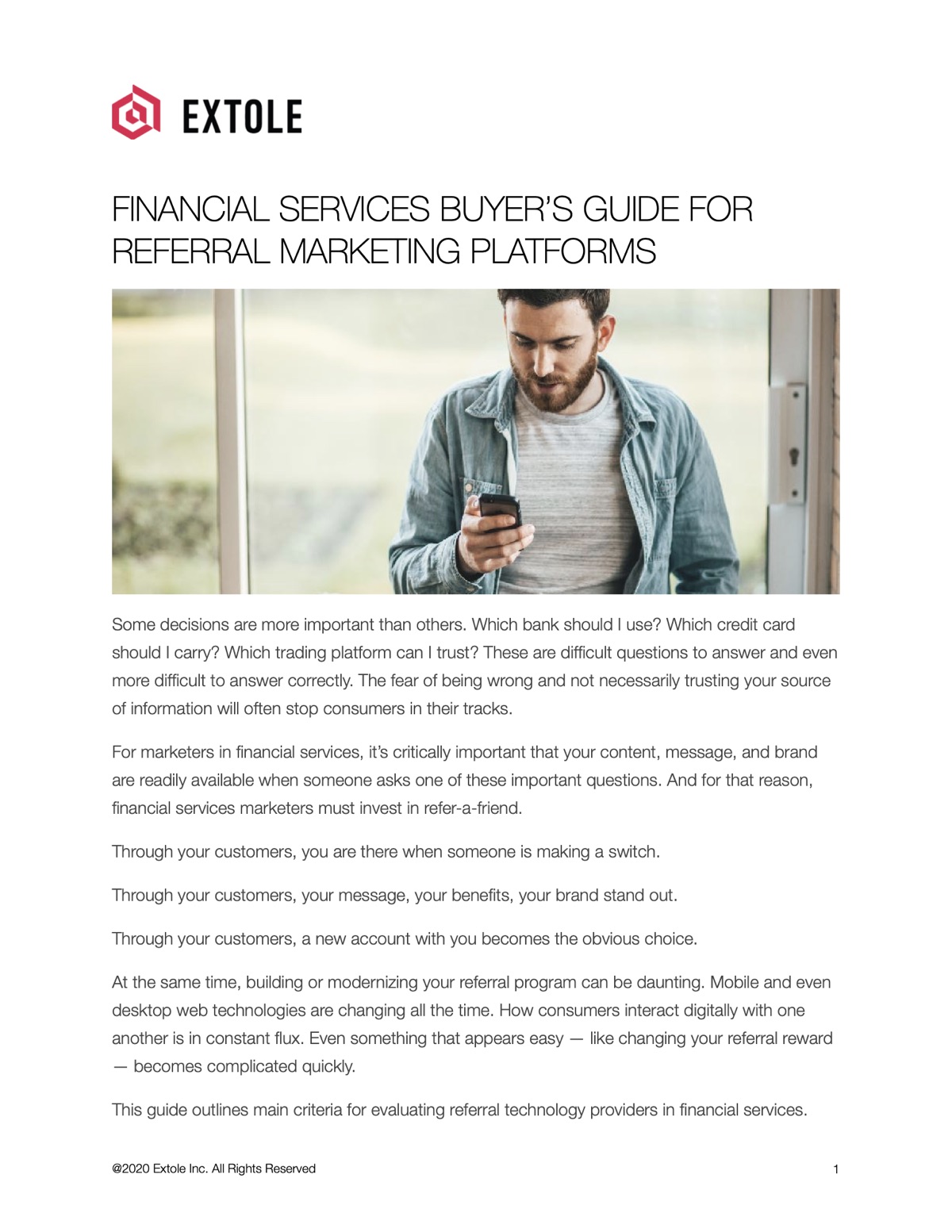 Cover of Extole's financial services buyer's guide for referral marketing platforms, showing a man looking at his phone