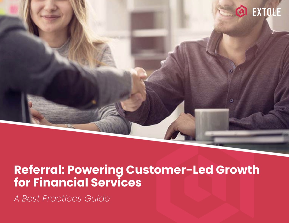 Two people shaking hands across a table on the cover of Extole's referral best practices guide for financial services