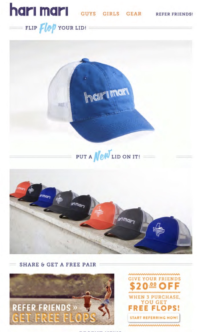 A Hari Mari marketing email with a "Share & get a free pair" banner near the bottom: "Give your friends $20 off. When 3 purchase, you get free flops!" with a "Start referring now" button.