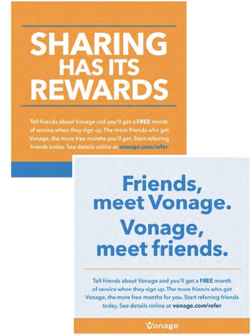 Vonage's two-sided package insert. One side reads "Sharing has its rewards," the other "Friends, meet Vonage. Vonage, meet friends." Both offer a free month of service for referring friends.