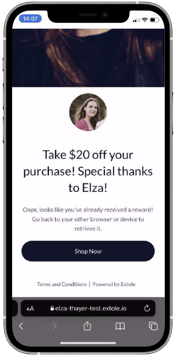 Mobile friend landing page showing the influencer's profile photo, the headline "Take $20 off your purchase! Special thanks to Elza!", and a Shop Now button