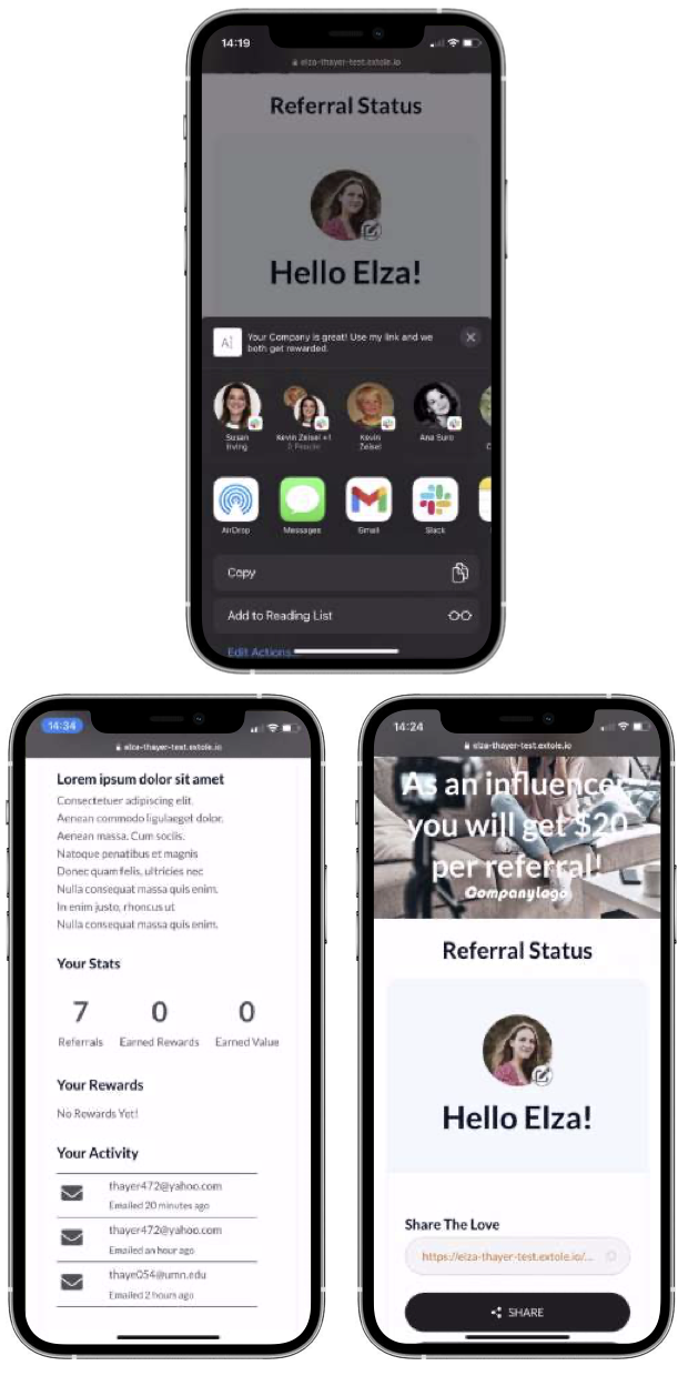 Three mobile screens of the influencer dashboard: a native share sheet with Messages, Gmail, and Slack, the Your Stats section showing referrals, earned rewards, and earned value alongside a Your Activity feed, and the Share The Love panel with a share link and Share button