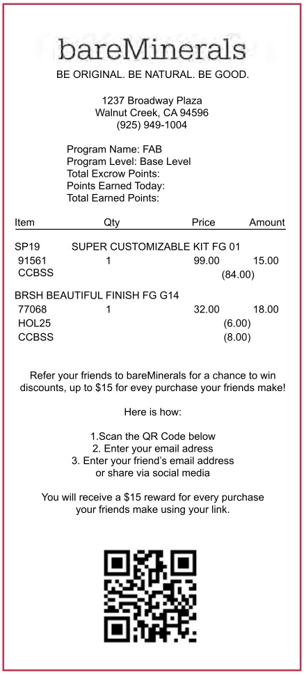 A bareMinerals receipt with a referral message at the bottom: refer friends for up to $15 per purchase, scan the QR code, enter your email and your friend's email or share via social media, followed by a QR code