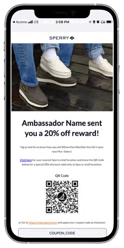 A Sperry reward email on a phone reading "Ambassador Name sent you a 20% off reward!", with a QR code to show at Sperry retail locations and a coupon code to apply at checkout online