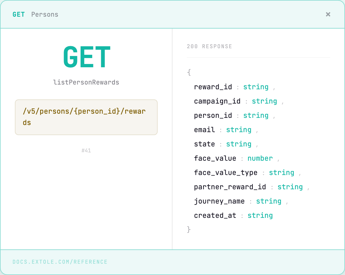 API endpoint GET /v5/persons/{person_id}/rewards with a 200 response