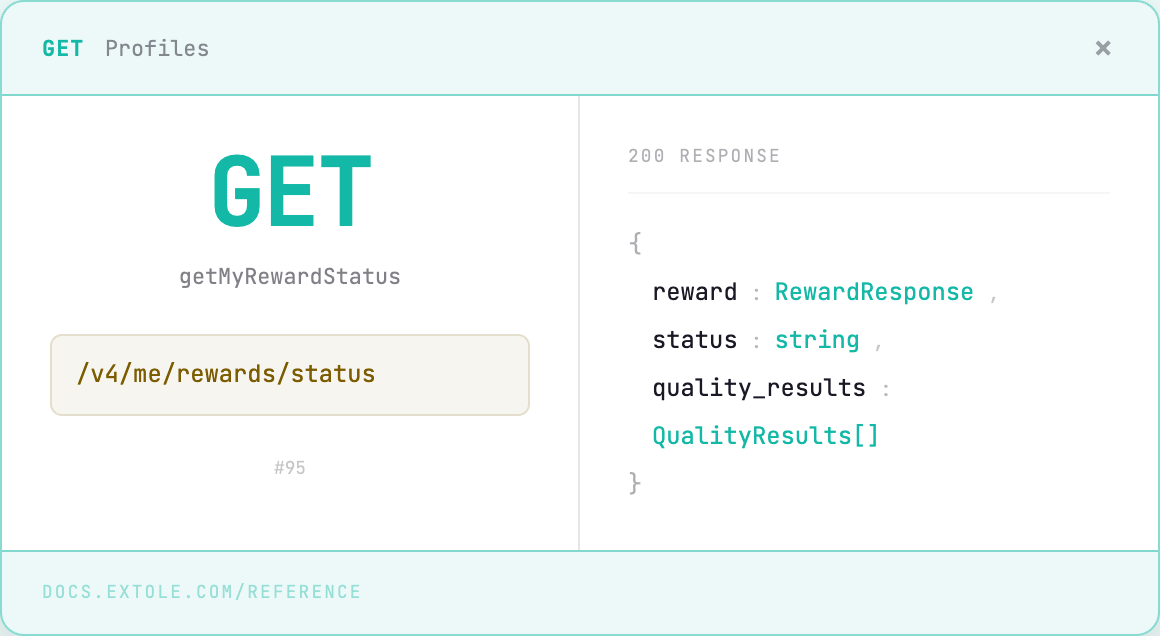 API reference for GET /v4/me/rewards/status with a sample 200 response