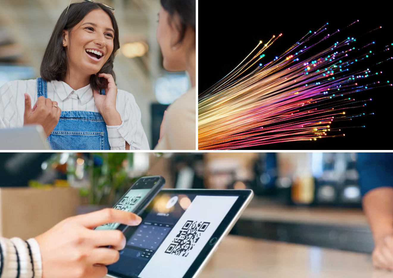 An employee talking with a customer, fiber optic lines, and a phone scanning a QR code