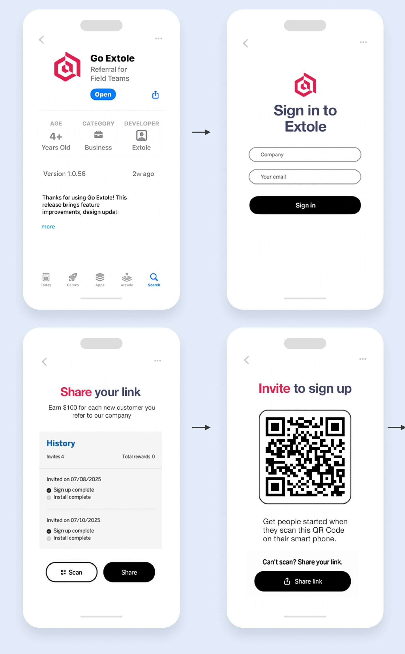 Go Extole app listing and sign-in screens on two phones