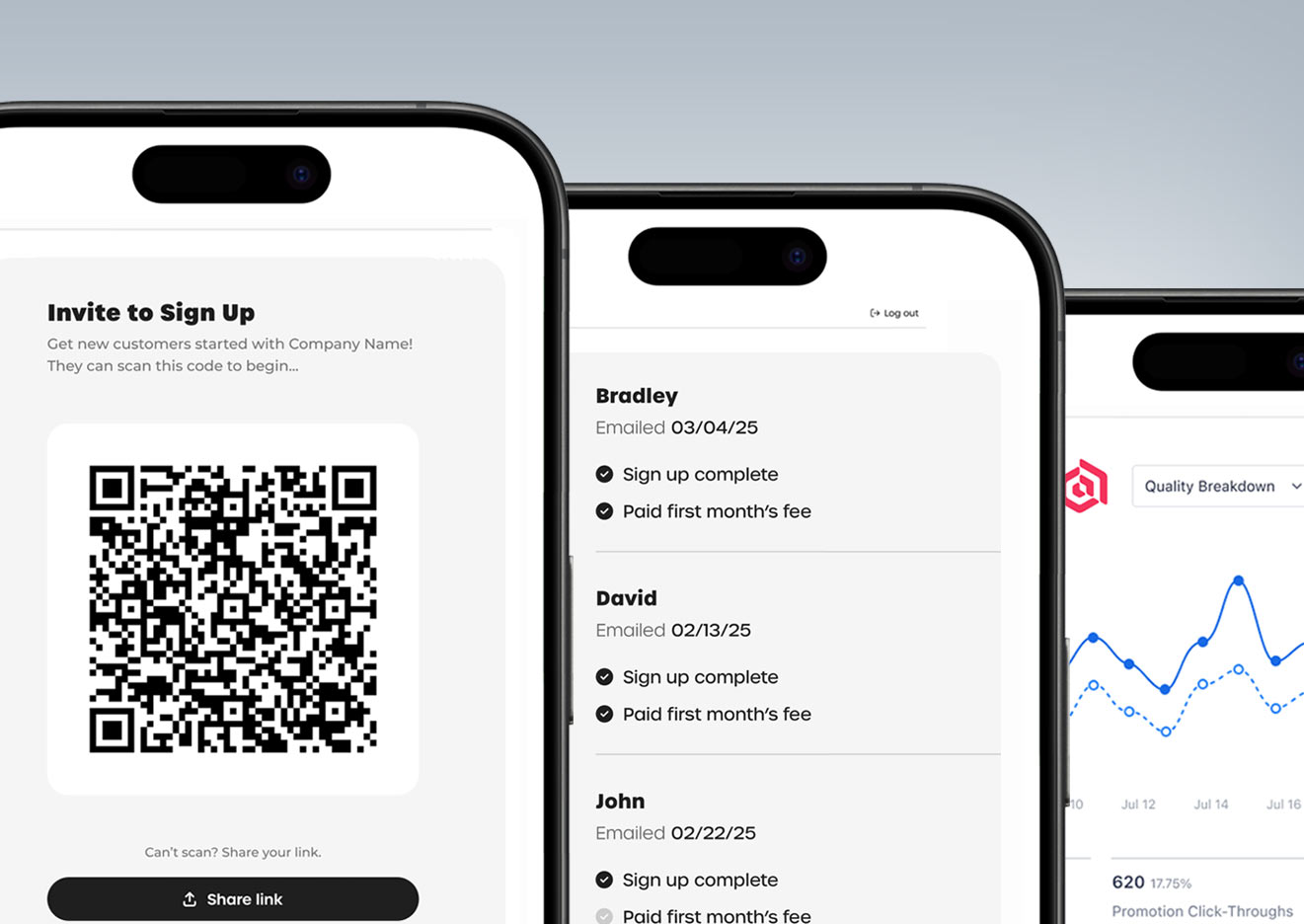 Go Extole screens for sharing a QR code, tracking referral progress, and viewing results