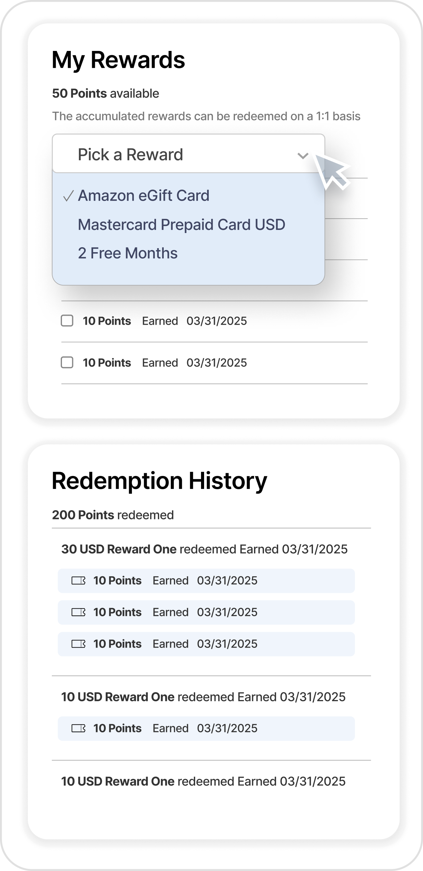 A reward picker showing gift cards and free months earned toward redemption