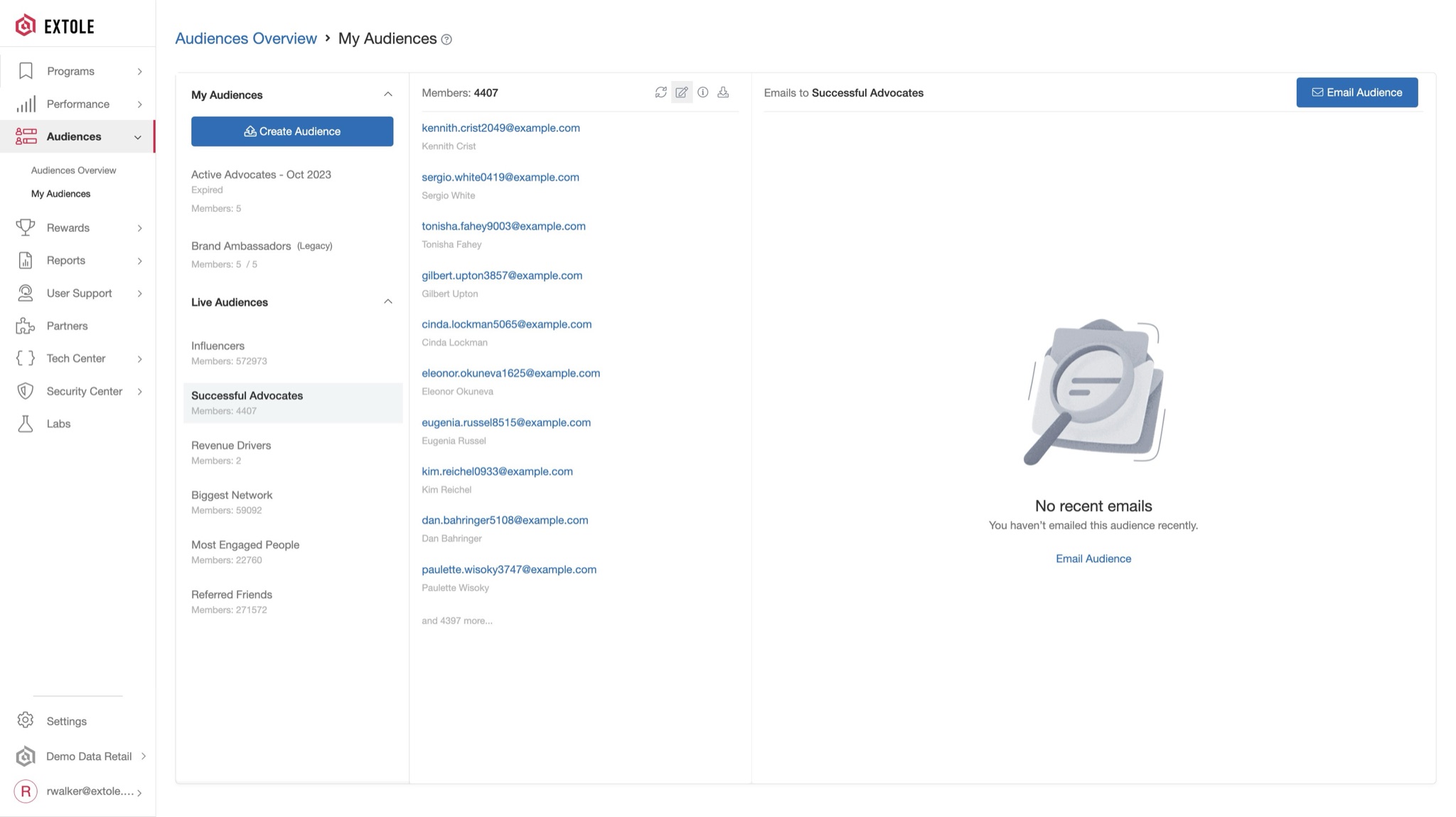 Extole audience builder with live and imported audience options