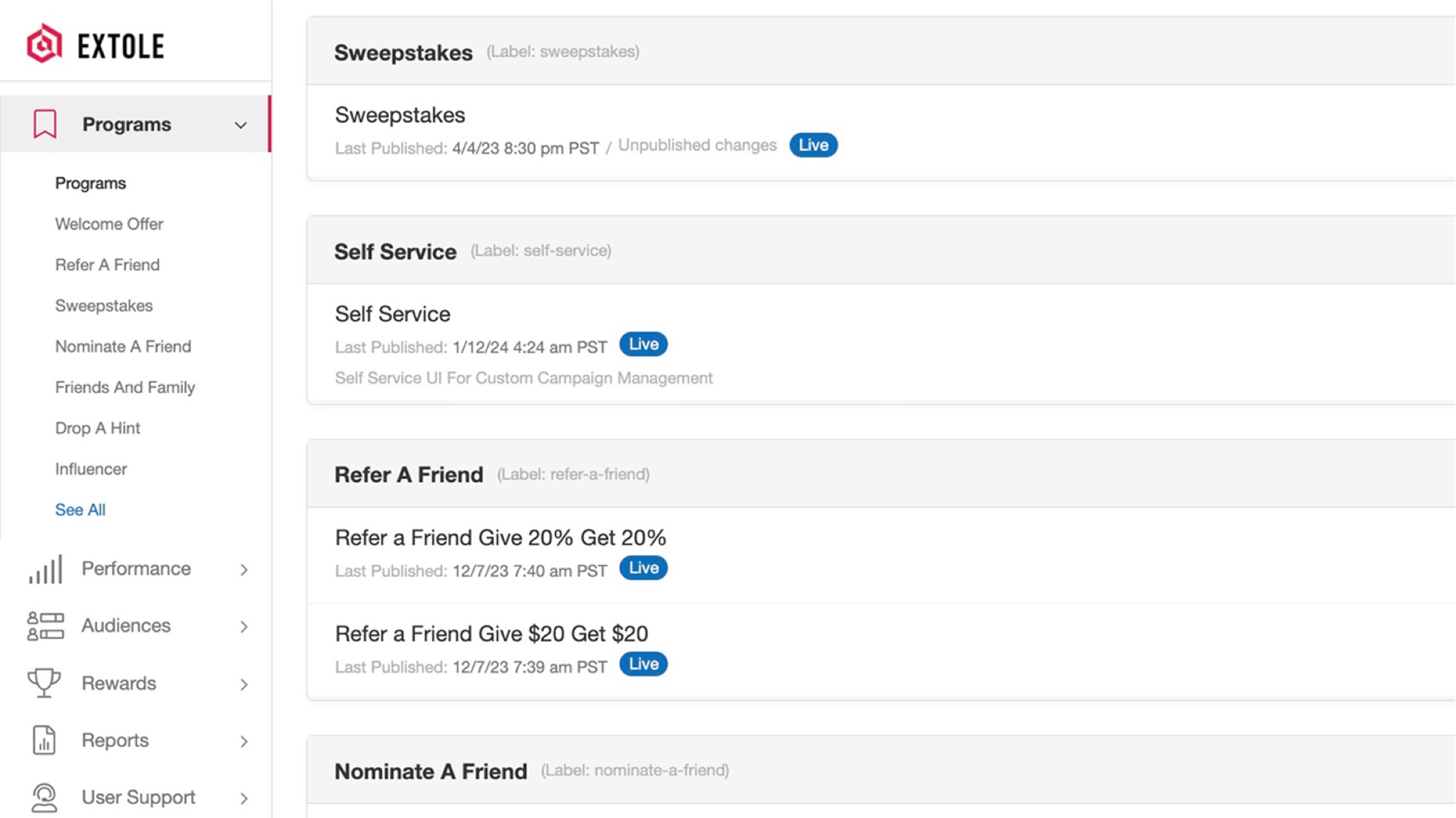Extole dashboard for sweepstakes, refer-a-friend, drop-a-hint, and influencer programs