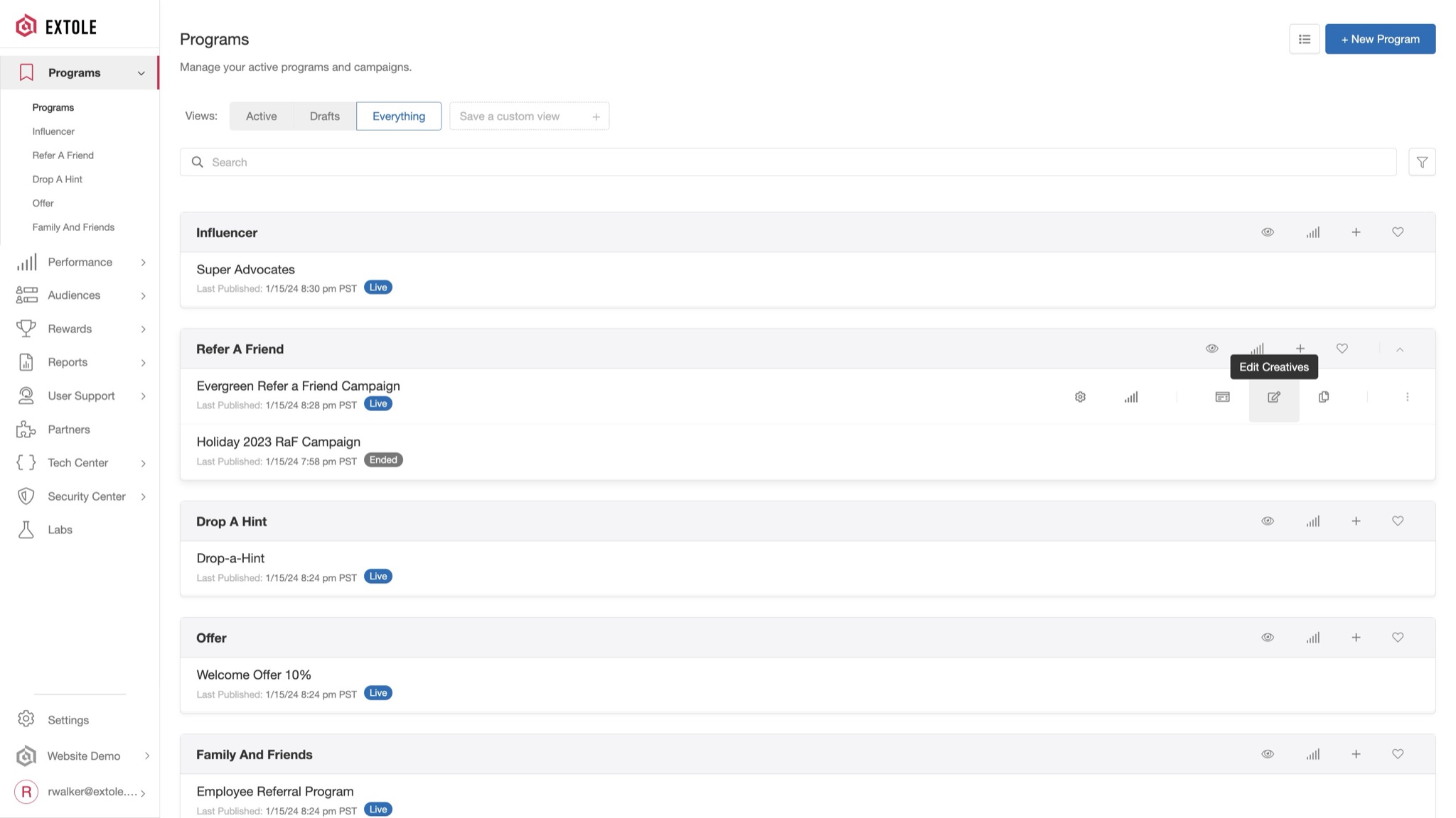 Extole campaign list with creative and schedule actions