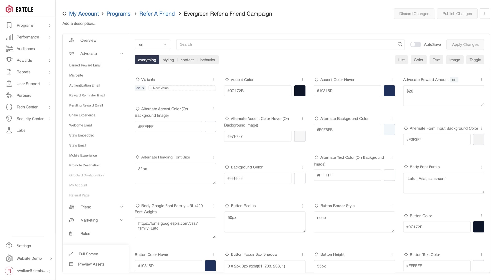 Extole campaign overview for advocate creative