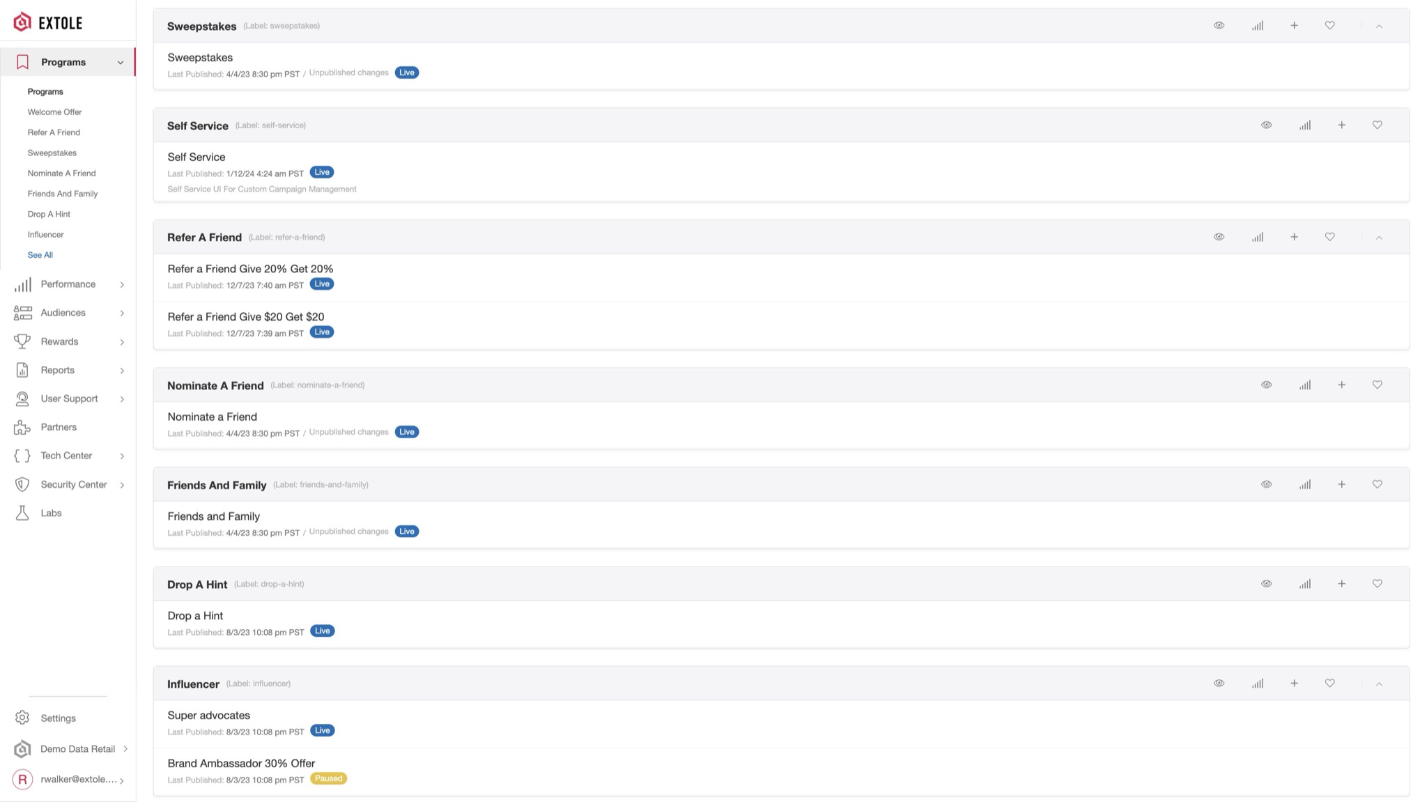 Extole programs dashboard listing active referral and engagement programs