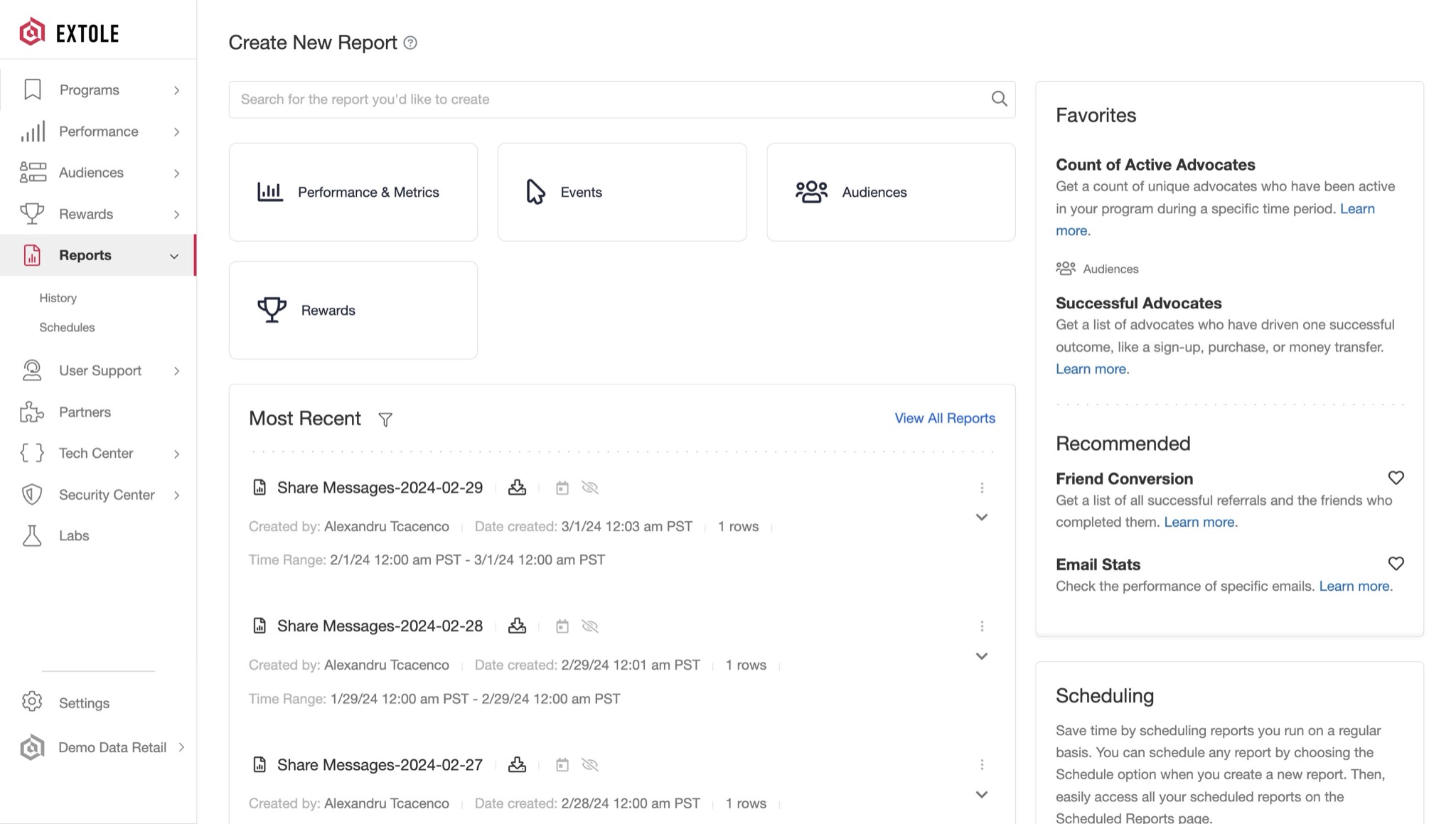 Extole reports library with program performance and optimization reports