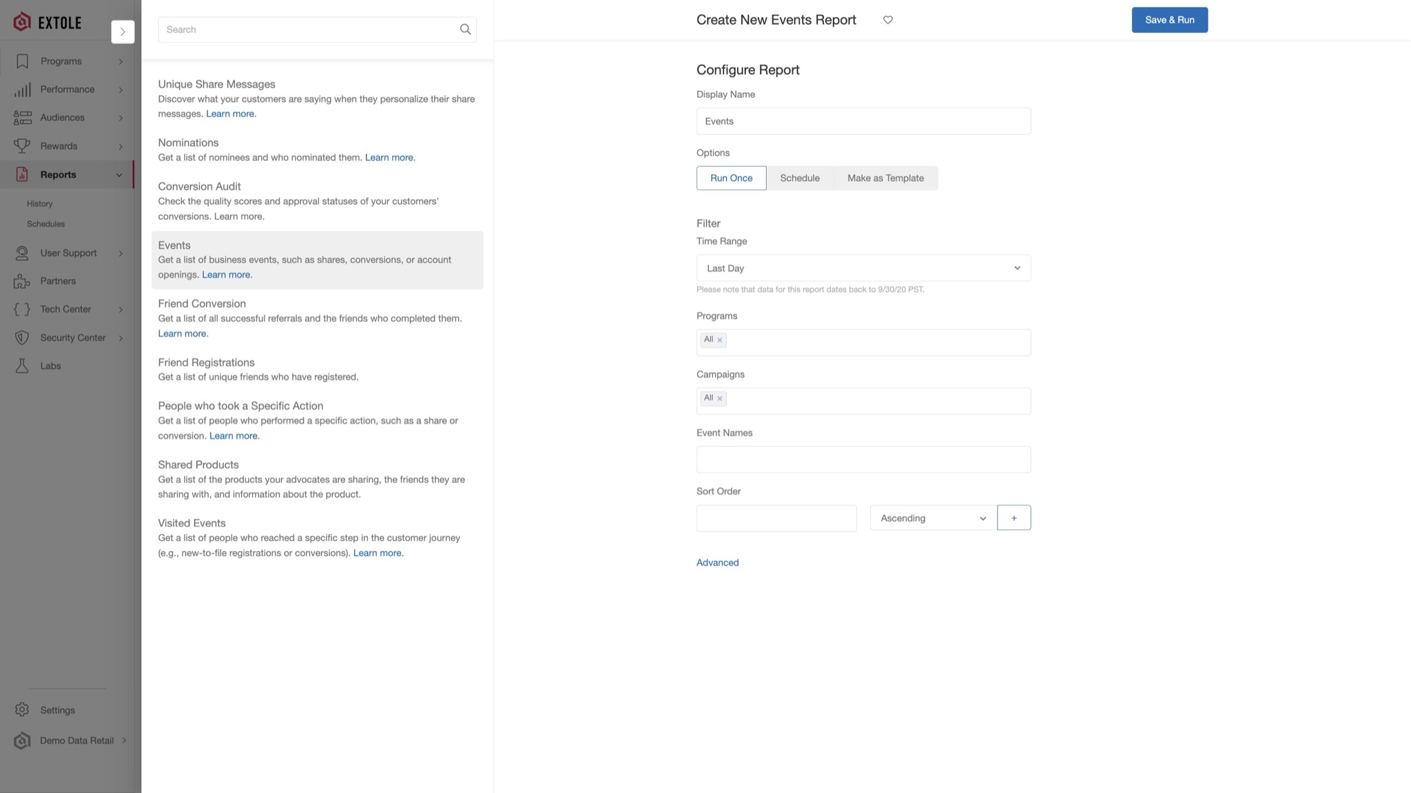 Extole report builder with program parameters and scheduling options