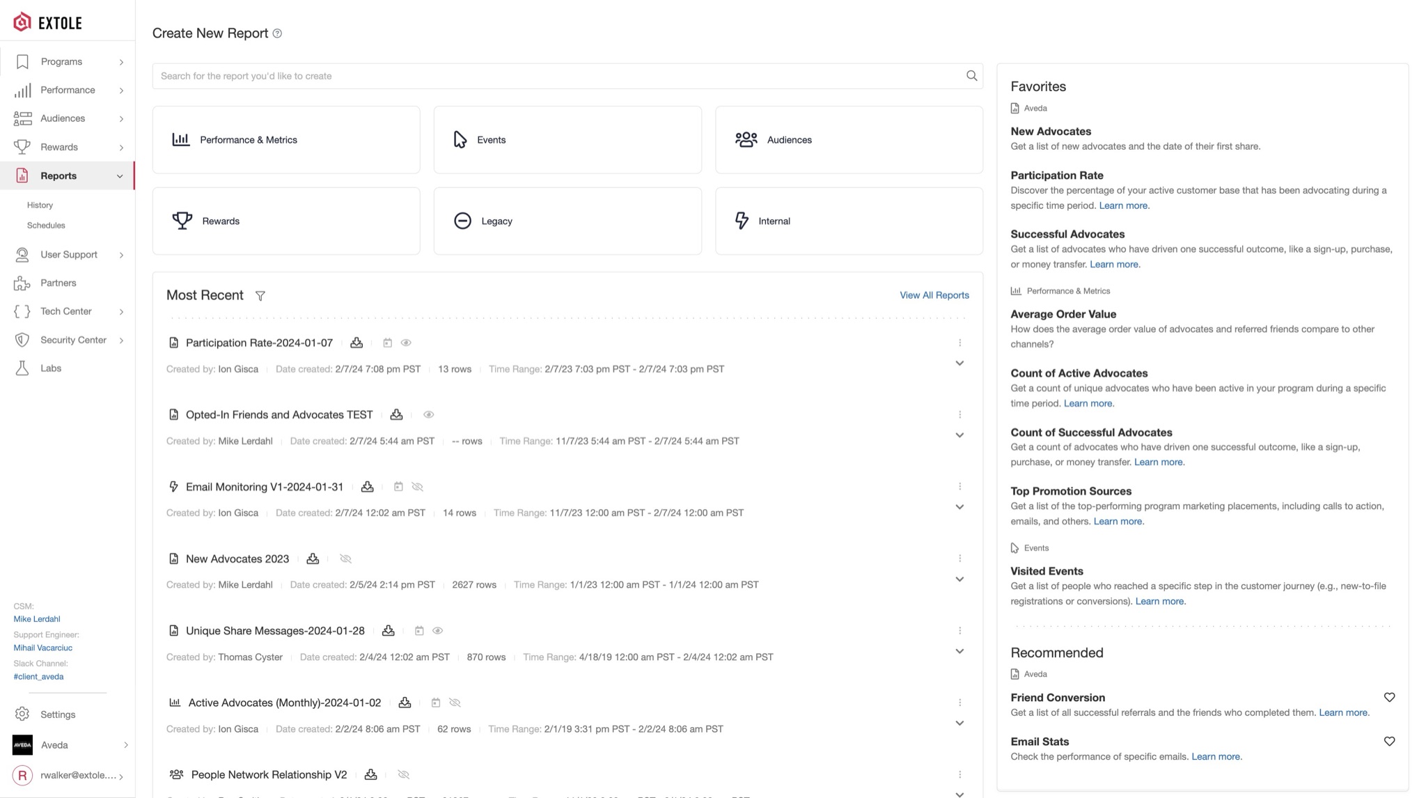 Extole report actions menu for sharing, scheduling, and export